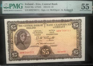 Ireland Lady Lavery 1955 5 Pound PMG 55 AUNC Banknote