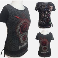 Desigual Ladies Black Red Grey Designer Short Cap Sleeve T Shirt M UK 10
