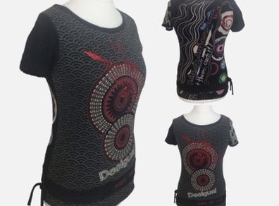 Desigual Ladies Black Red Grey Designer Short Cap Sleeve T Shirt M UK 10