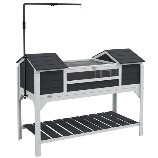 Wooden Tortoise Enclosure w/ Adjustable Lamp Holder, Openable Lid, Dual Main Houses, Storage Shelf, Fixed Tray - Grey