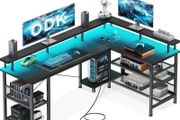 L Shaped Gaming Desk with LED Lights &amp; Power Outlet, 150x102 cm Reversible Corner Desk with Storage Shelves, Computer Desks with Monitor Stand, Black