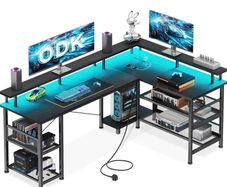 L Shaped Gaming Desk with LED Lights & Power Outlet, 150x102 cm Reversible Corner Desk with Storage Shelves, Computer Desks with Monitor Stand, Black