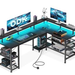 L Shaped Gaming Desk with LED Lights & Power Outlet, 150x102 cm Reversible Corner Desk with Storage Shelves, Computer Desks with Monitor Stand, Black