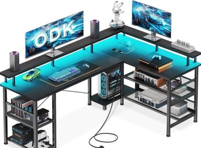 L Shaped Gaming Desk with LED Lights & Power Outlet, 150x102 cm Reversible Corner Desk with Storage Shelves, Computer Desks with Monitor Stand, Black