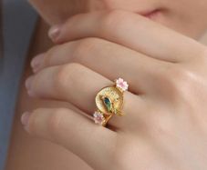 Newbridge Silverware Gold Plated Bird with Pink Flowers Ring