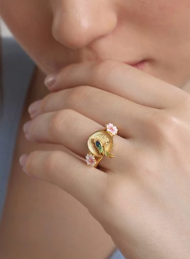 Newbridge Silverware Gold Plated Bird with Pink Flowers Ring
