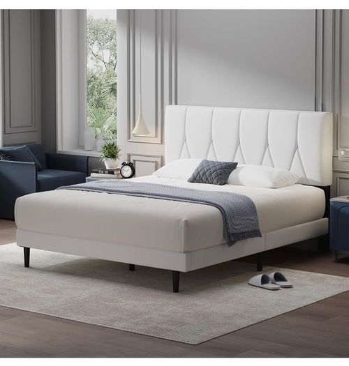 King Bed Frame, White, Upholstered Wooden Slat Bed Frame with Headboard