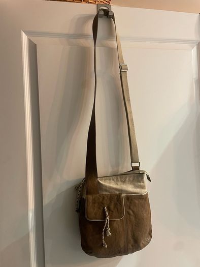 Radley brown leather and beige canvas crossbody bag