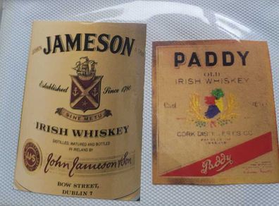 Bottle Labels for Irish Whiskey Scotch Whisky and Guinness 1950s to 1990s