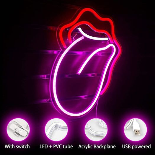 Lips Neon Sign Flame Red Lips Big Tongue Shape Neon Signs for Wall Decor, Red-Pink Neon Light for Bedroom, USB Power Led Neon Light Sign for Game Room,Pub Home,Bar,Club,Party,Gift
