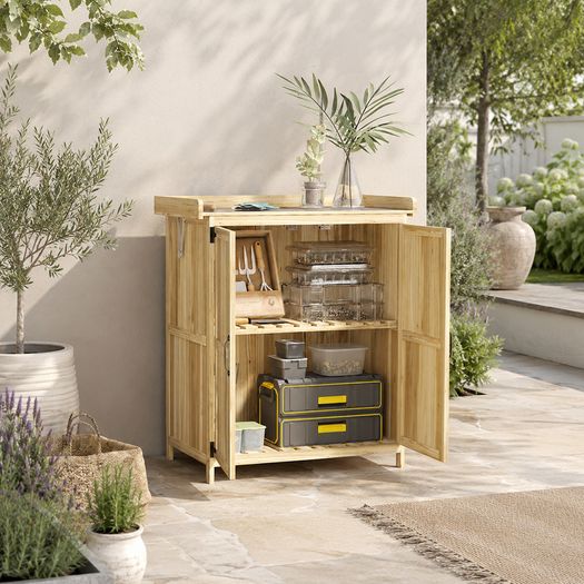 Wooden Garden Storage Cabinet with Stainless Steel Worktop and Shelves