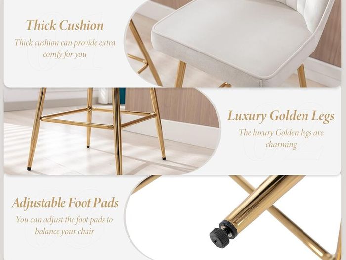 Beige Velvet Bar Stools Set Counter Stools for Dining Room Kitchen Stools with Metal Legs