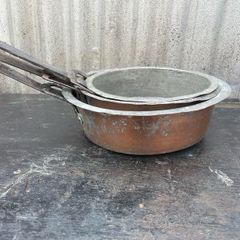 Antique Primitive Copper pan; hand hammered, with forged riveted handles X3