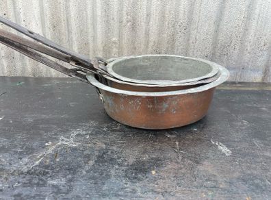 Antique Primitive Copper pan; hand hammered, with forged riveted handles X3
