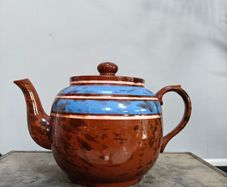 Vintage heavy Brown and Blue Spotted Porcelain Teapot with White on Blue stripes, PK made.