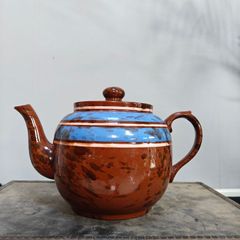 Vintage heavy Brown and Blue Spotted Porcelain Teapot with White on Blue stripes, PK made.