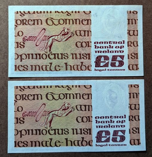 IRELAND - Lot Set of 2 Banknotes: 5 Pounds Punt 1976 1993 P 71b 71e (aUNC)
