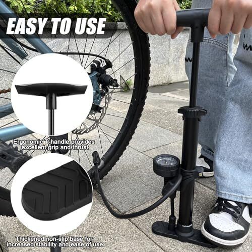 Bike Pump with Pressure Gauge, Bicycle Floor Pump Portable Bike Tyre Pump Stand Pump 160PSI/11Bar High Pressure Bike Air Pump with Presta, Schrader Valves for all Bikes, Road Mountain Bikes & Balls