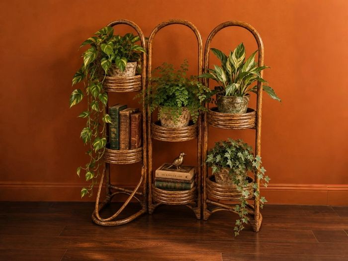 Vintage Folding Rattan Plant Stand-6 Holders