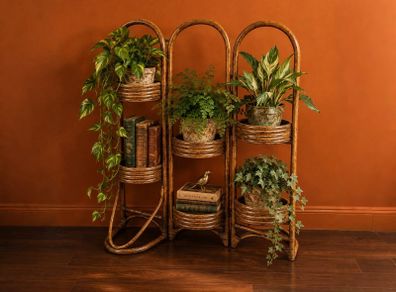 Vintage Folding Rattan Plant Stand-6 Holders