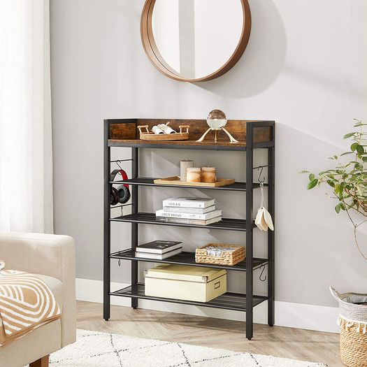 Shoe rack, 4 grid shelves, for 14 pairs of shoes, raised side edges, for sneakers, high heels, slippers, industrial style, vintage-brown-black