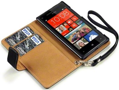 New Htc Windows Phone 8x Premium Pu Leather Wallet Black & Hot Pink  With Floral Interior / Black With Tan Inside