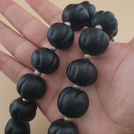 Antique African Style Dark Black Melon Shape Glass Beads Necklace