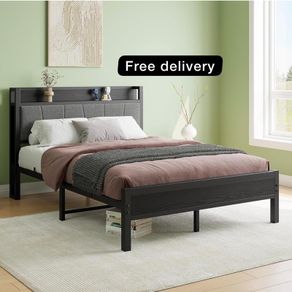 Double Bed Frames with Wooden Storage Headboard