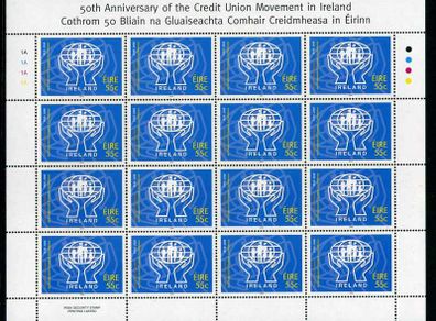 2008 Ireland 50th Anniversary of the Credit Union Movement in Ireland Commemorative Stamp Sheetlet Plate 1A1A1A1A Mint Never Hinged (MNH)