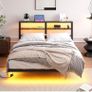 4ft6 Floating Metal Platform Bed Frame with Walnut Storage Headboard Image 8