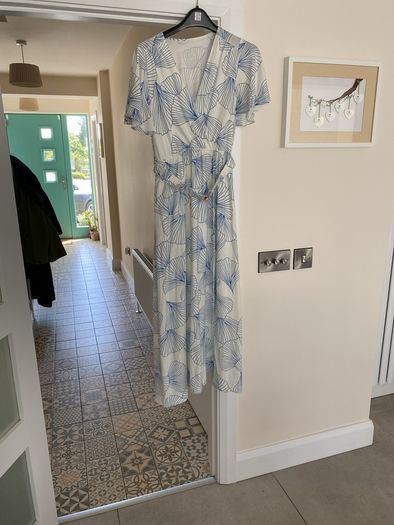 Women's Summer Dress- Cream with blue pattern