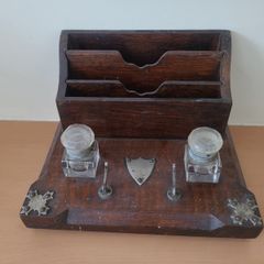 Beautiful wooden inkwell with engraved harp