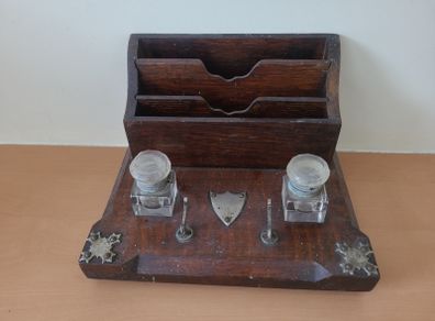 Beautiful wooden inkwell with engraved harp