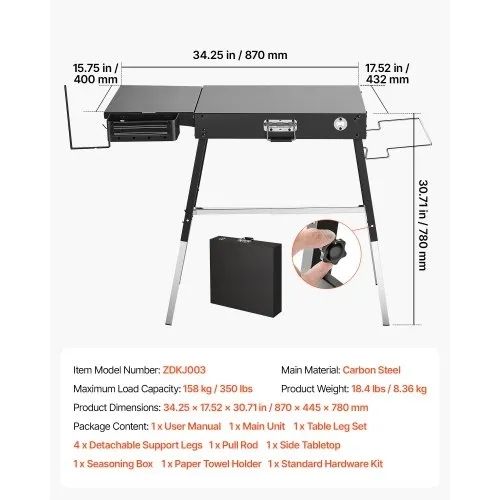 Folding Grill Table 87x45 cm Camping Griddle Stand Fit 43 & 56 cm, for Picnic BBQ Tailgating, Carbon Steel, Adjustable Height, 158 kg, Outdoor Cart with Magnetic Tool Rack and Tissue Holder