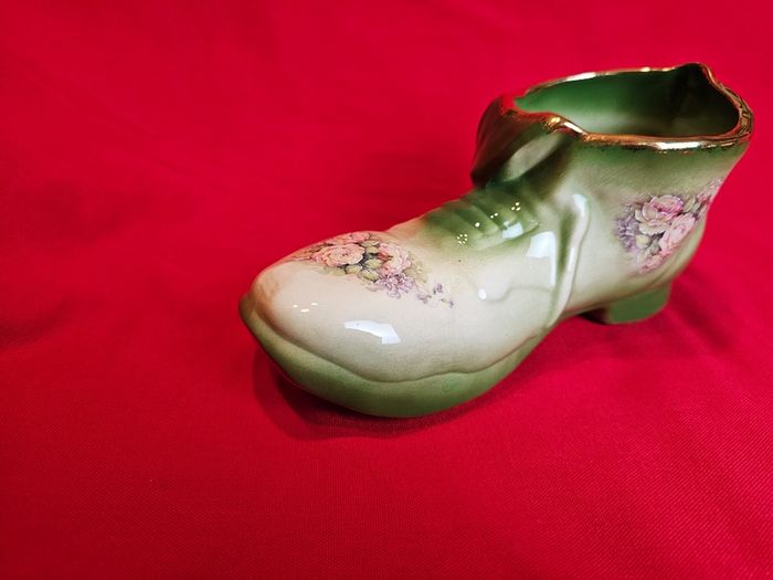 Staffordshire Style Porcelain Boot Vase - Green with Roses ,  Decor or Cactus Planter