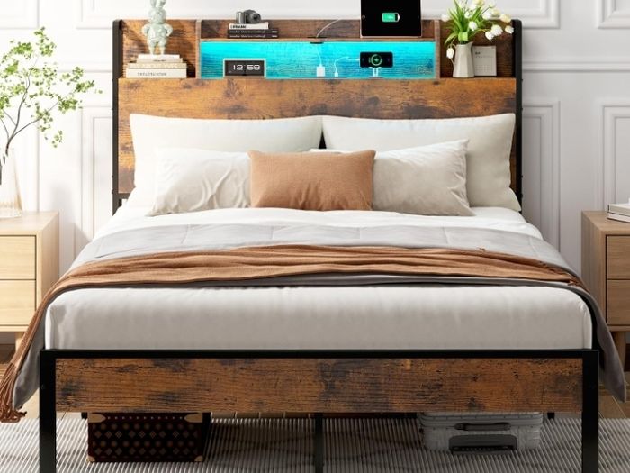 4ft6 Double Bed Frame with Storage Wooden Headboard | LED Light & Charging Station, Platform Metal Bed Frame Double with Underbed Storage