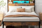 4ft6 Double Bed Frame with Storage Wooden Headboard | LED Light &amp; Charging Station, Platform Metal Bed Frame Double with Underbed Storage