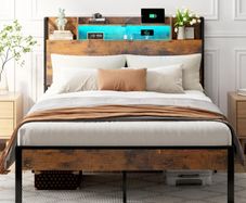 4ft6 Double Bed Frame with Storage Wooden Headboard | LED Light & Charging Station, Platform Metal Bed Frame Double with Underbed Storage