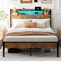 4ft6 Double Bed Frame with Storage Wooden Headboard | LED Light & Charging Station, Platform Metal Bed Frame Double with Underbed Storage
