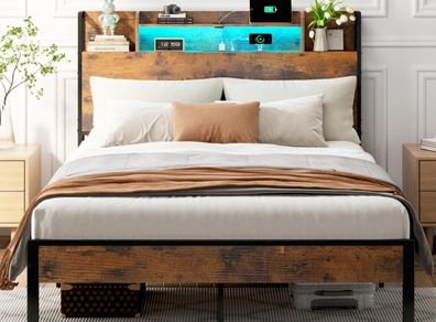 4ft6 Double Bed Frame with Storage Wooden Headboard | LED Light & Charging Station, Platform Metal Bed Frame Double with Underbed Storage