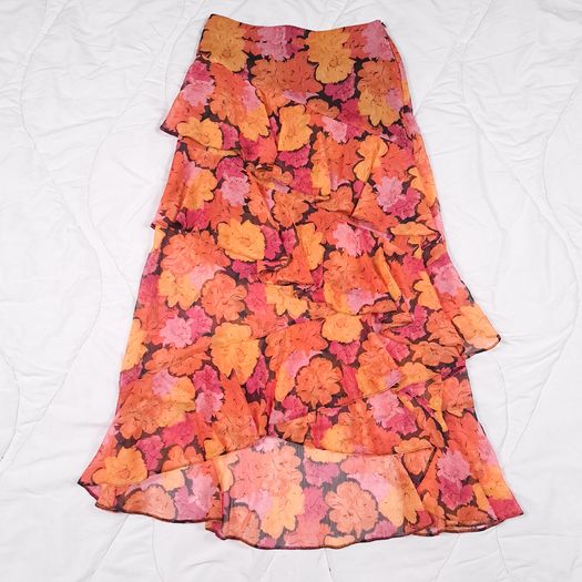 River Island Orange Pink Metallic Floral Print Tiered Ruffle Chiffon Midi Skirt 10UK/38EU