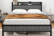 King Size Bed Frame with Storage and Headboard Shelf, Upholstered Bed Frame King Size with Metal Slats Enhanced Support, No Box Spring Needed, Gray Kingsize Bed Frames