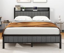 King Size Bed Frame with Storage and Headboard Shelf, Upholstered Bed Frame King Size with Metal Slats Enhanced Support, No Box Spring Needed, Gray Kingsize Bed Frames