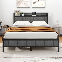King Size Bed Frame with Storage and Headboard Shelf, Upholstered Bed Frame King Size with Metal Slats Enhanced Support, No Box Spring Needed, Gray Kingsize Bed Frames