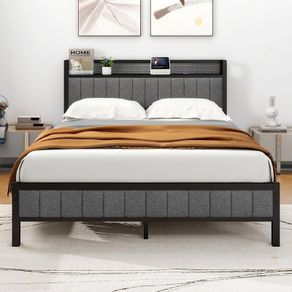 King Size Bed Frame with Storage and Headboard Shelf, Upholstered Bed Frame King Size with Metal Slats Enhanced Support, No Box Spring Needed, Gray Kingsize Bed Frames