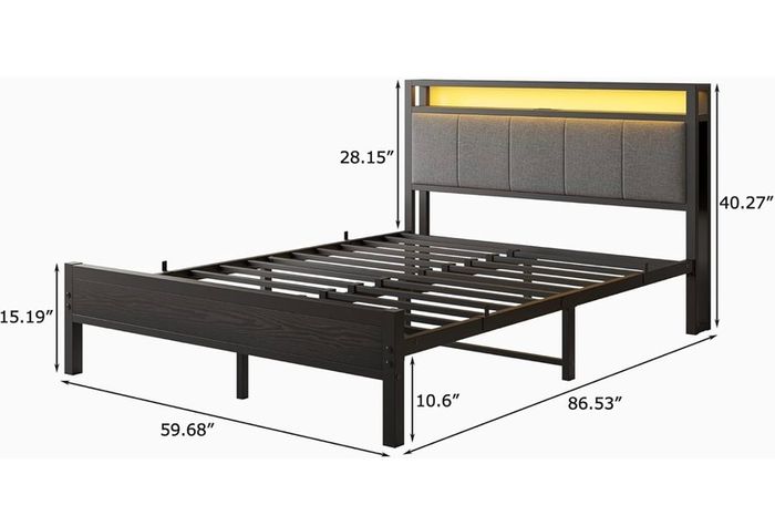 5FT King Size Bed Frame with Storage Headboard, Black Metal King Bed with Upholstered Headboard, LED Lights and Charging Station, Heavy Duty Metal Slats Support,Easy Assembly