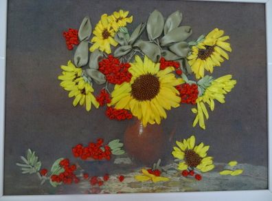 Hand made 3d Sunflower ribbon embroidery painting