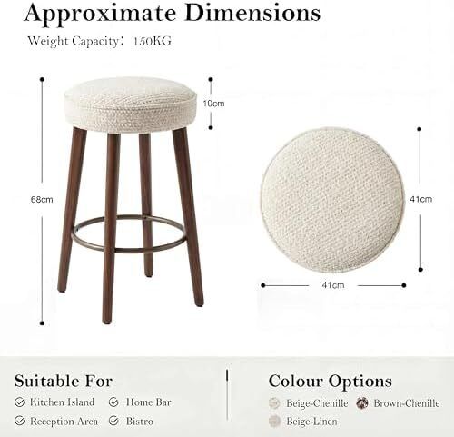 Set of 2 Chenille Bar Stools, 68cm Counter Height Upholstered Kitchen Bar Chairs with Solid Wood Legs