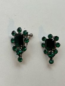 vintage screw-back earrings with emerald-green glass rhinestones