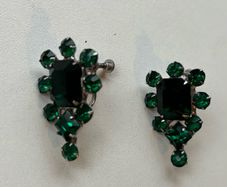 vintage screw-back earrings with emerald-green glass rhinestones
